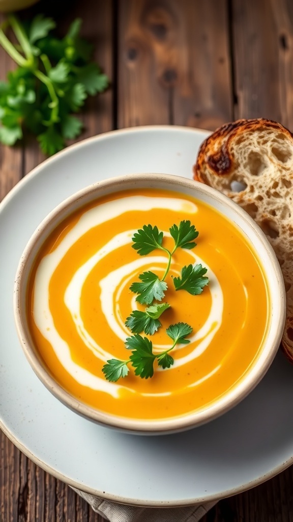 A bowl of creamy butternut squash and coconut soup garnished with cilantro, accompanied by crusty bread on a rustic table.